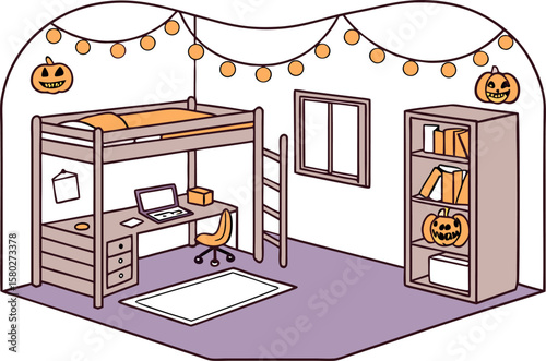 Cozy halloween themed bedroom with loft bed desk chair bookshelf window and string lights decorated with pumpkins
