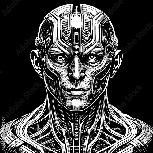 3D illustration of a futuristic AI cyborg head with glowing blue circuits, neural wires, and digital data lines, white background, ultra-detailed, vector render