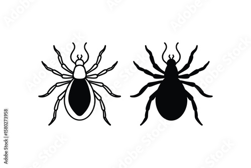 Two Tick Illustrations One Outline and One Solid Vector Graphic of Parasitic Arachnids in Black and White silhouette