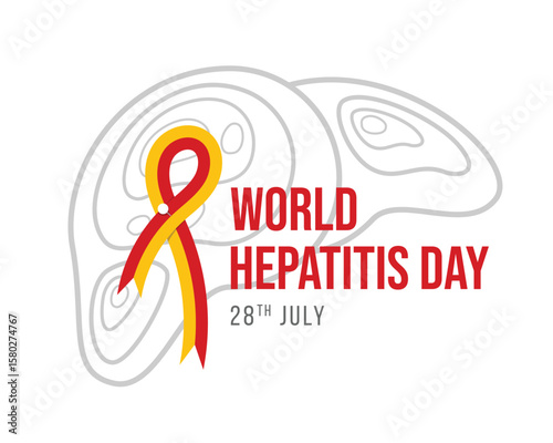 World Hepatitis Day - Text and Red yellow ribbon sign with white pin on line liver layers texture background vector design