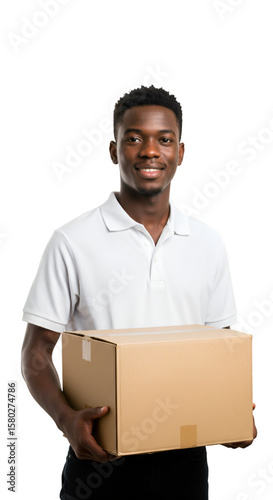 Portrait Delivery Man Holding Package Box with Smiling Face