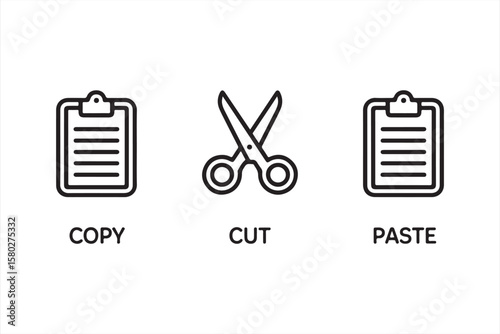 Clean line art icon set featuring universal cut, copy, and paste commands.