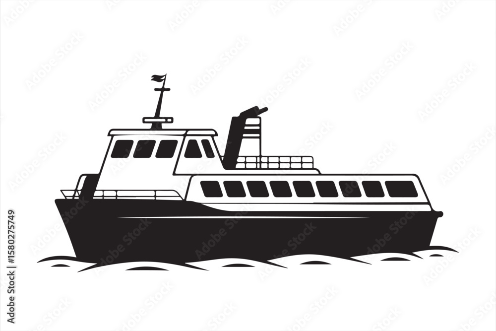 Obraz premium Monochrome Illustration of a Passenger Boat Sailing