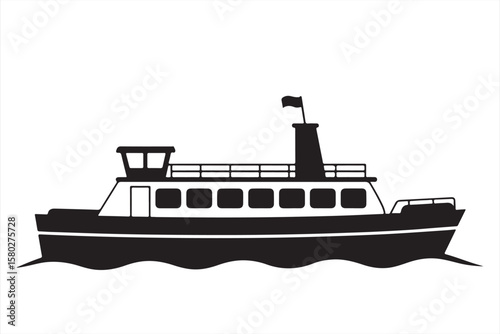  Black-and-White Illustration of a Ferry Boat with Flag on Water