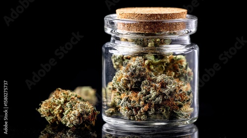 Marijuana buds fill a glass jar with a cork lid set against a dark background