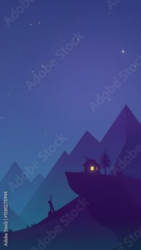 A serene night scene featuring mountains in the background and a cozy house illuminated in the foreground