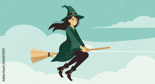 Cartoon witch flying on a broom through fluffy clouds.