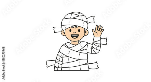 A cheerful child dressed as a mummy waves hello with a friendly gesture.