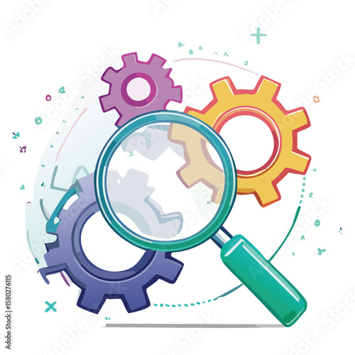 ultra minimal line art icon, magnifying glass and gears, outline only, clean white background, dark gray lines, tiny accents of light green and lavender blue, website vector icon
