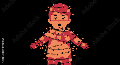 A cartoon boy covered in Christmas lights, expressing shock and surprise.
