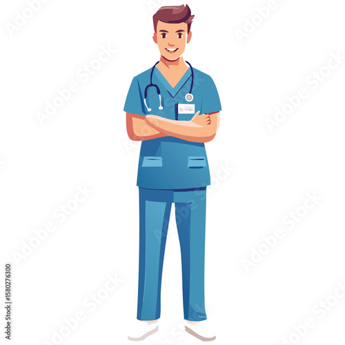 Flat illustration of a male nurse wearing scrubs and a badge, standing with arms crossed, simple background, clean lines, solid colors, minimal shading, modern vector style, confident and approachable