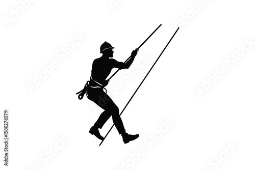 Silhouette of a Construction Worker Rappelling Down a Rope Wearing a Hard Hat Illustrating Safety and Precision in a Bold Silhouette Style silhouette
