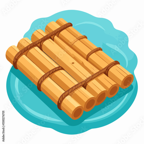 Cartoon illustration of a small bamboo raft floating on water, representing adventure, exploration, or survival, with a simple and appealing design.