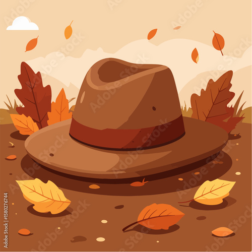 A brown fedora rests amidst fallen leaves, capturing the essence of autumn with its warm color palette and whimsical, illustrative style, evoking a sense of nostalgia.