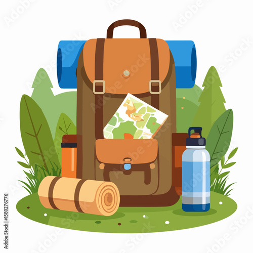 Backpack for outdoor adventures and travel, with a map, sleeping mat, water bottle and trees on a green forest background, illustration of a camping trip.