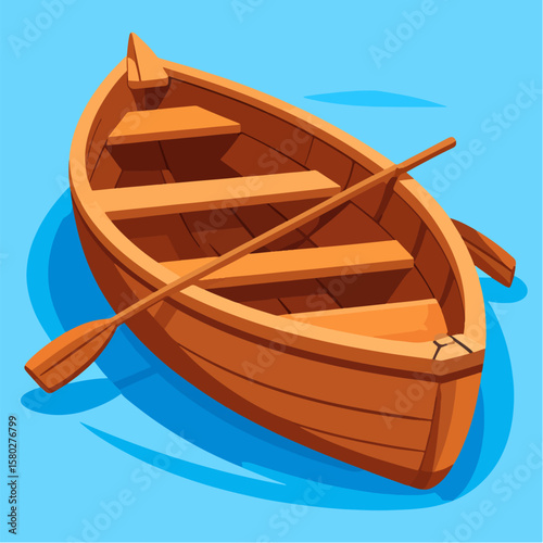 Cartoon illustration of a wooden rowboat with oars floating in calm light blue water on a sunny day, perfect for summer themes and recreational boating.