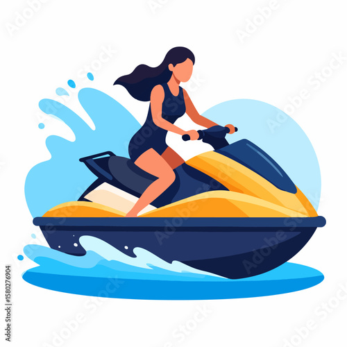 Faceless Woman Riding a Jet Ski on Water, Vector Illustration for Summer Activities and Aquatic Sports