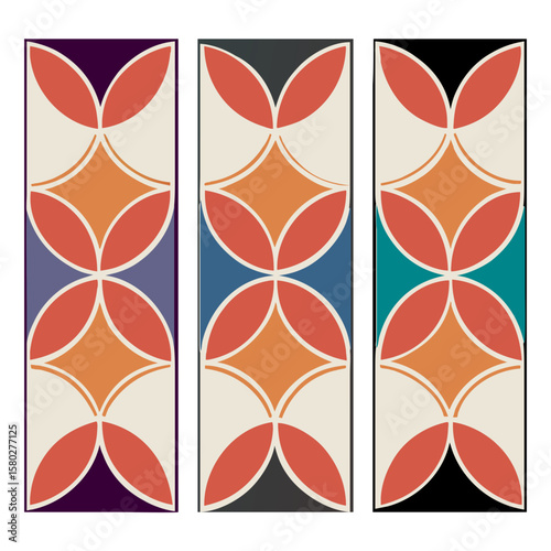 Three abstract geometric patterned vertical panels