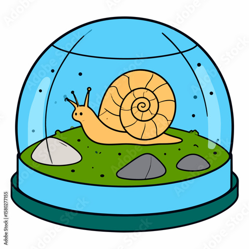 A cartoon snail with an orange shell slowly wanders through its green and rocky terrain inside a blue snow globe with thick outlines, creating a whimsical and charming scene.
