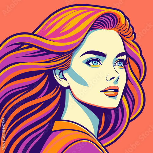 Vibrant woman with flowing colorful hair portrait stylized