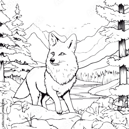 A black and white drawing of a fox coloring page illustration.