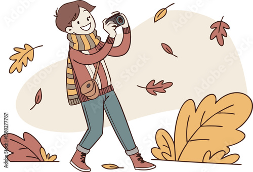 A cheerful person wearing a scarf and jacket takes a photo with a camera amidst falling autumn leaves and foliage in a stylized illustration