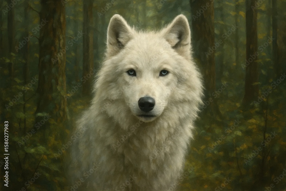 Obraz premium A lone white wolf stands guard in the heart of a verdant forest, its piercing gaze reflecting the mysteries of nature