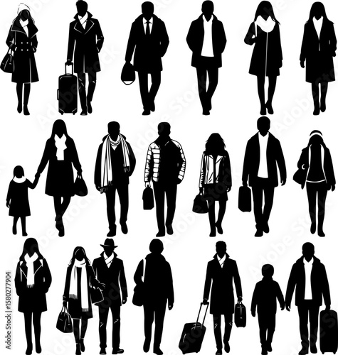 set of people silhouettes, Winter Transit Silhouettes: Travelers in Motion
