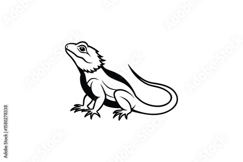 Bearded Dragon Illustration Detailed Reptile Design Exotic Pet Silhouette Black and White Graphic Vector Image Isolated Animal Silhouette