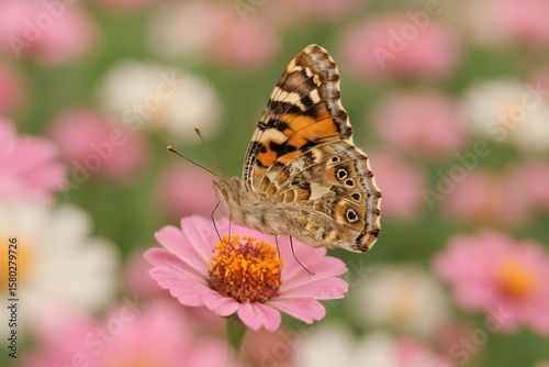 Amidst a sea of pink blossoms, a butterfly finds solace on a vibrant flower, embodying the delicate balance of nature's beauty