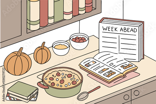 Cozy autumn scene with pumpkins a pot of stew recipe book and a planner for the week ahead on a kitchen counter