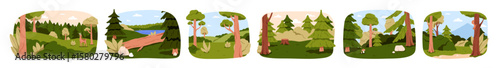 Forest landscapes set. Wild woods, summer nature scenes with green pine and foliage trees. Wilderness, woodland glades with water, animal. Flat vector illustration isolated on white background