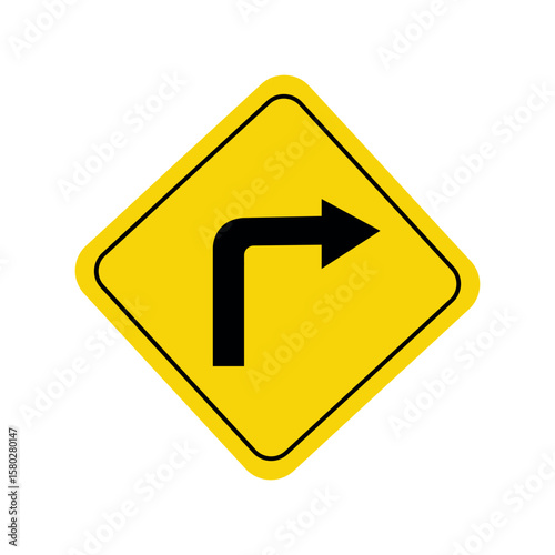 yellow diamond warning sign with black right turn arrow, indicating road direction caution