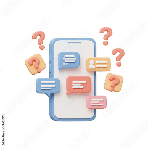Smartphone with Speech Bubbles and Question Marks 3D Illustration