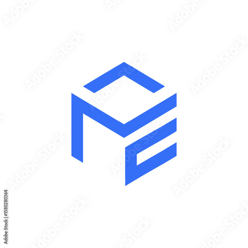 A sleek isometric cube logo in blue, using negative space to form abstract geometric letters like P, M, or E, symbolizing structure, innovation, and digital solutions.