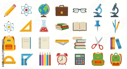 Flat Design School Supplies and Education Icons