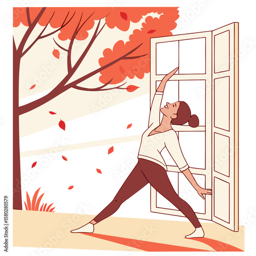 A woman in a yoga pose stretches towards an open window with autumn leaves falling from a tree outside creating a serene and healthy lifestyle scene