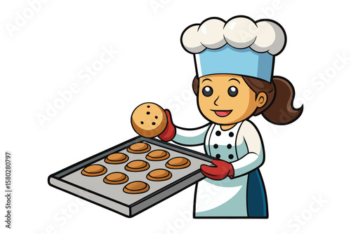 Cartoon chef woman proudly presents freshly baked chocolate chip cookies on a baking sheet ready for enjoyment