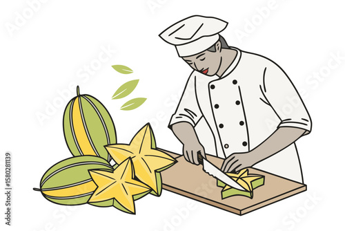 Chef skillfully slicing ripe star fruit into star shapes on a wooden cutting board with fresh leaves nearby