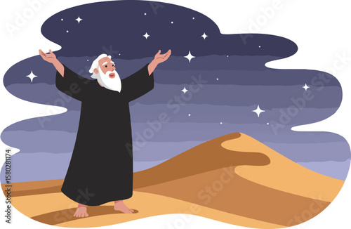 A wise figure stands beneath a starry sky, hands raised in reverence, transparent vector png