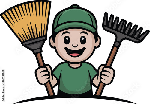 A happy cartoon boy holding a broom and rake, ready for yard work. transparent vector png