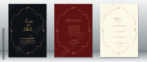 Elegant wedding card set featuring Save the Date, Invitation, and Menu layouts with classic gold ornamental frames. Presented in black, burgundy, and ivory tones.
