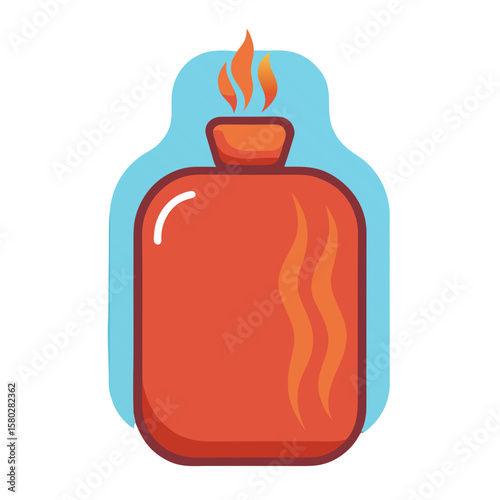A red hot water bottle with orange flames coming from the top, surrounded by a light blue cover or cozy for warmth and comfort.