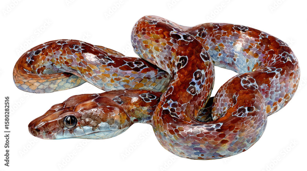 Obraz premium A coiled brown snake with speckled patterns is isolated on a white background showing its scales and unique coloration making it a striking reptile.