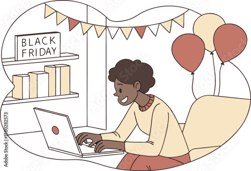 A young woman happily shops online for black friday deals surrounded by festive decorations like bunting and balloons with gift boxes visible on shelves