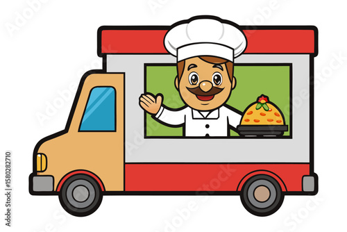 Friendly cartoon chef waves from a colorful food truck presenting a delicious pie