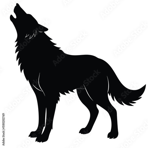 Black Silhouette of a Howling Wolf Standing on All Fours Facing Left