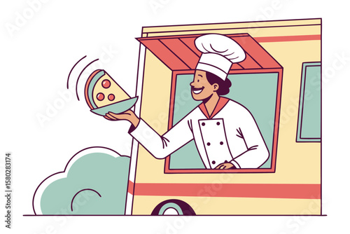 Smiling chef in uniform presents a slice of pizza from a colorful food truck window