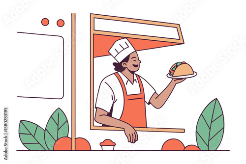 Friendly chef presents delicious taco from food truck window with decorative plants