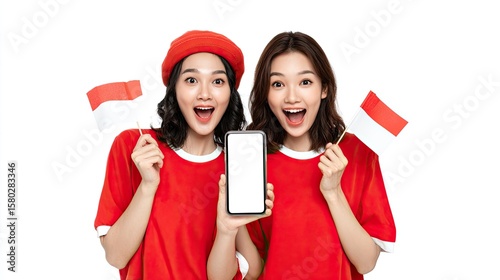 Two elated women hold Indonesian flags and a phone with a blank screen wearing matching red shirts